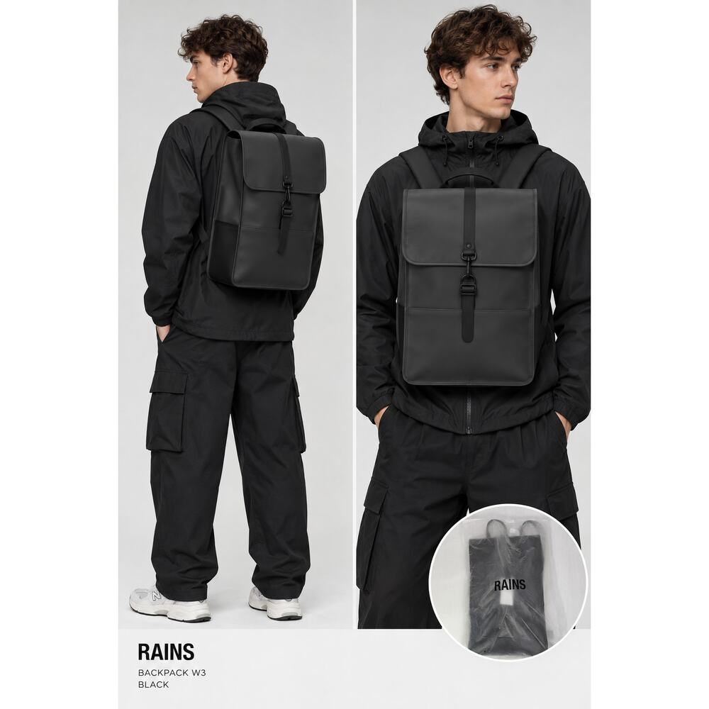 NWT Rains Backpack W3 Black Waterproof Backpack Style 13000